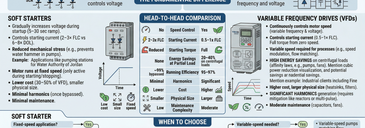 This detailed infographic provides a complete head-to-head comparison between VFDs and soft starters, based on the engineering data and applications provided in your guide. It visually breaks down the fundamental differences in how each technology manages motor control, highlighting key metrics like speed control, starting current, energy savings, and cost.