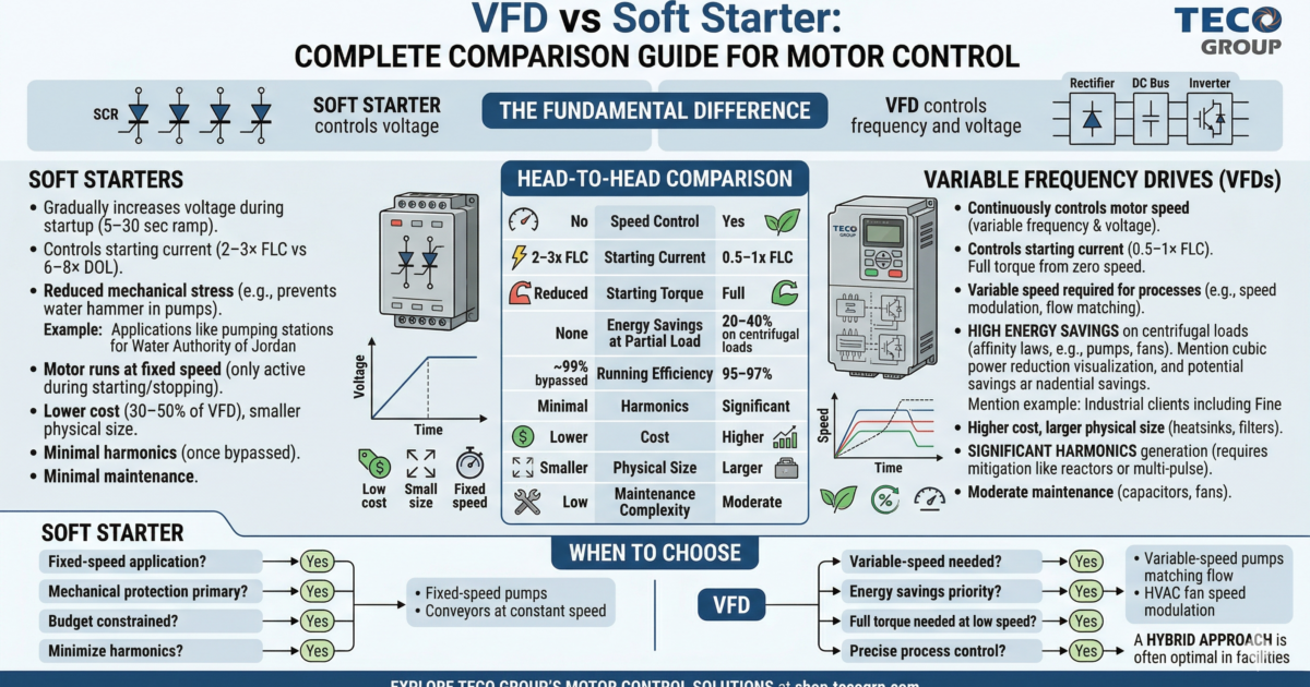 VFD vs Soft Starter This detailed infographic provides a complete head-to-head comparison between VFDs and soft starters, based on the engineering data and applications provided in your guide. It visually breaks down the fundamental differences in how each technology manages motor control, highlighting key metrics like speed control, starting current, energy savings, and cost.