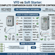 This detailed infographic provides a complete head-to-head comparison between VFDs and soft starters, based on the engineering data and applications provided in your guide. It visually breaks down the fundamental differences in how each technology manages motor control, highlighting key metrics like speed control, starting current, energy savings, and cost.