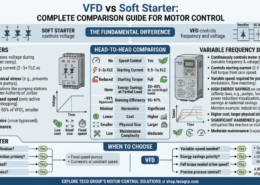 This detailed infographic provides a complete head-to-head comparison between VFDs and soft starters, based on the engineering data and applications provided in your guide. It visually breaks down the fundamental differences in how each technology manages motor control, highlighting key metrics like speed control, starting current, energy savings, and cost.